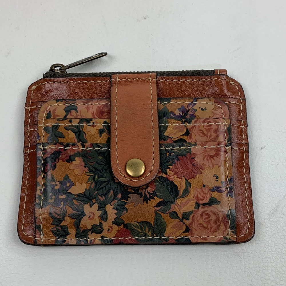 Patricia Nash Floral Brown Tan Leather Wallet Gold snap ID pocket Zip close